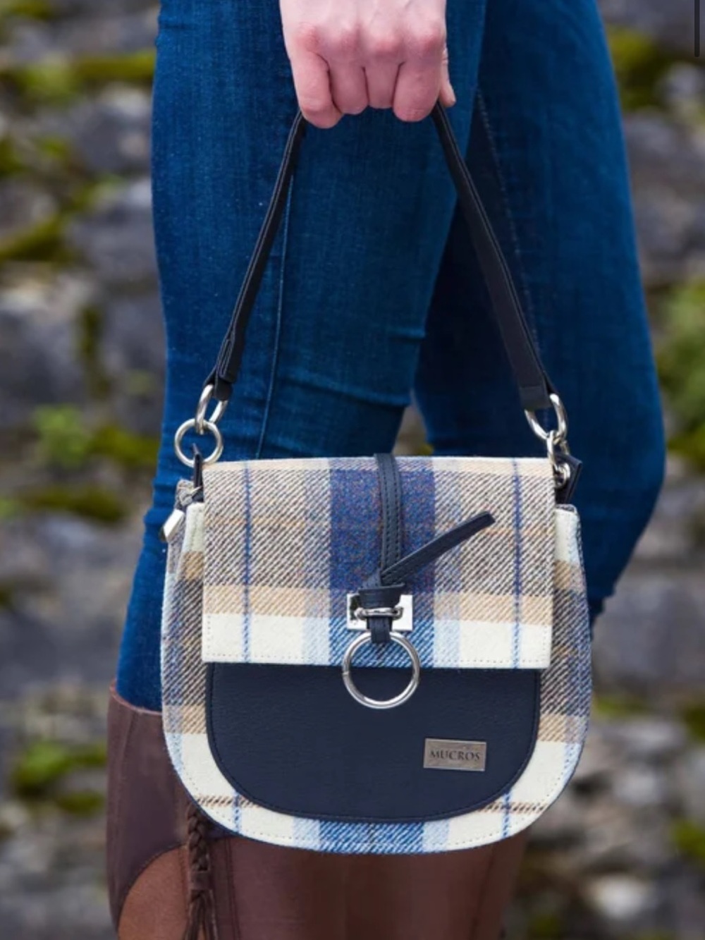 Bag & Cap -Tartan Crossbody Bag w/Leather Trim - Blue & Cream & Matching Cap